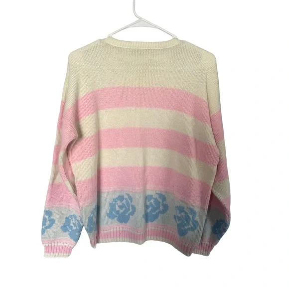 Vintage women’s Striped Floral Crew Neck Sweater Pink Cream sz XL - Picture 4 of 4